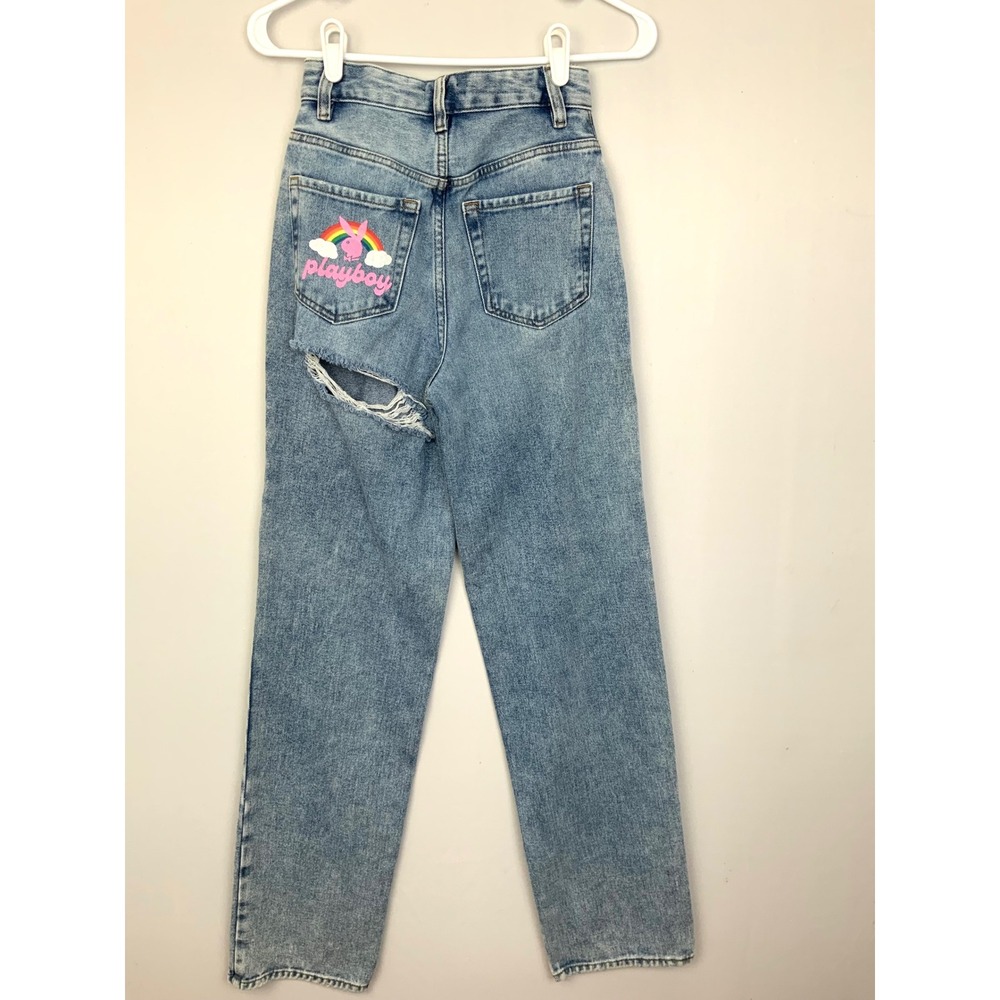 Pacsun Playboy 90s Boyfriend High Rise Ripped Butt Blue Jeans Painted Pocket 23